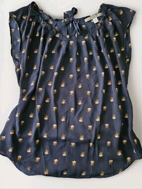 LC Lauren Conrad Navy Floral Tie Keyhole Cap Sleeve Blouse